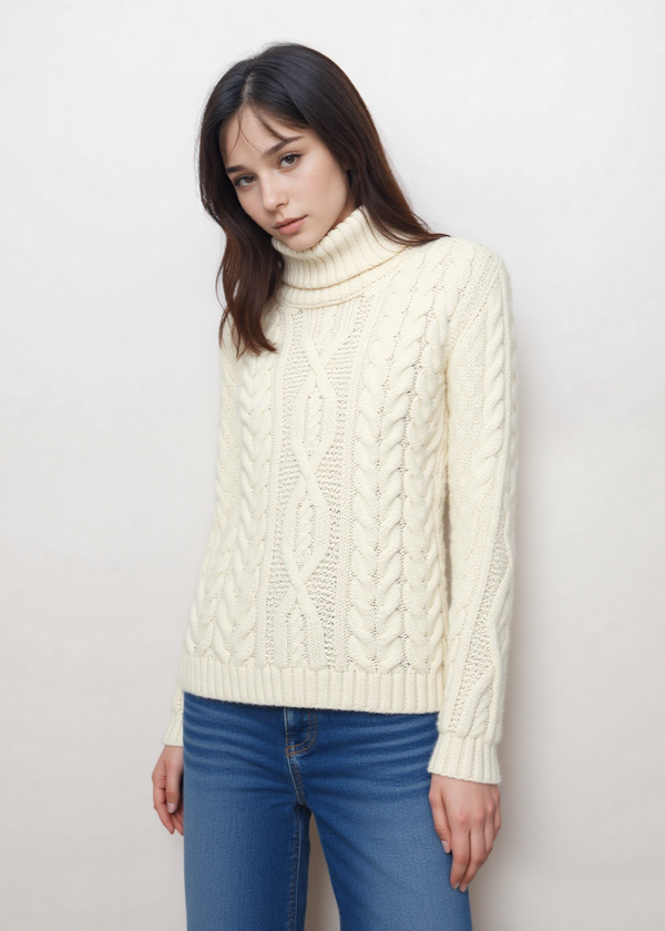 IrelandsEye Polo Neck Aran Sweater | Natural