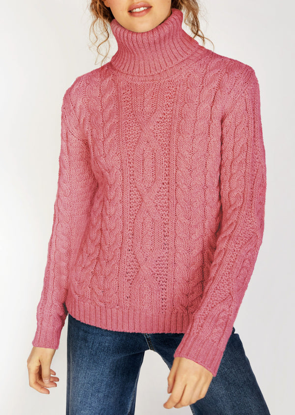 IrelandsEye Polo Neck Aran Sweater | Rosa Pink