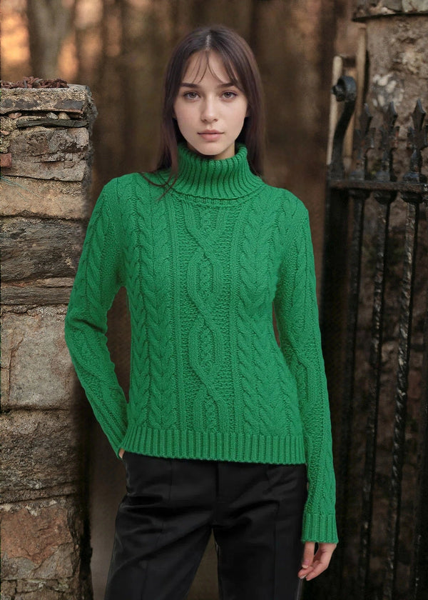 IrelandsEye Polo Neck Aran Sweater | Green Marl
