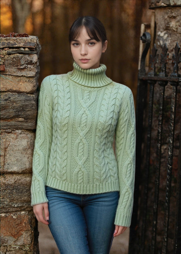 IrelandsEye Polo Neck Aran Sweater | Sage Marl
