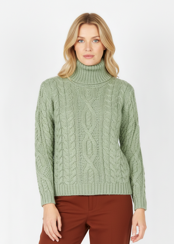Juniper Aran Polo Neck Sweater | 100% Merino Wool | Sage Marl