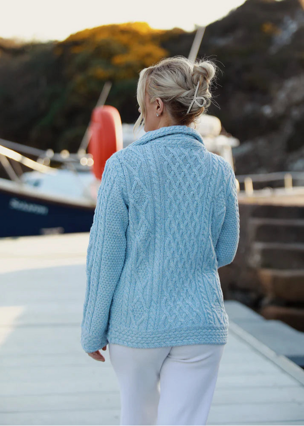 Aran Bikers Claddagh Side Zip Cardigan | Sky Blue