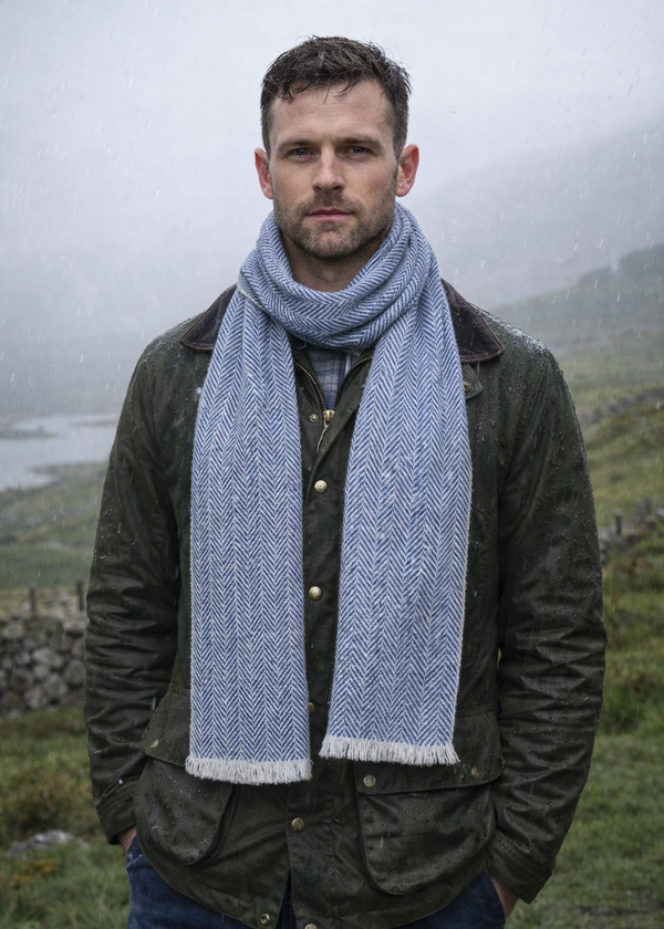 Mucros Blue Herringbone Donegal Wool Scarf | Men's Irish Luxury Scarf