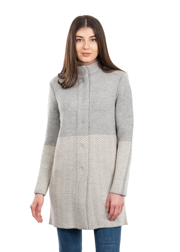 Ladies Herringbone Wool Coat | Natural Grey