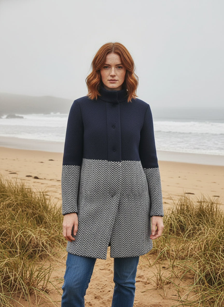 Ladies Herringbone Wool Coat | Natural Navy