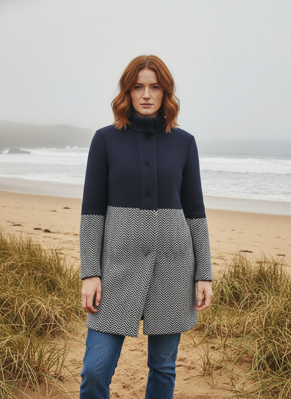 Ladies Herringbone Wool Coat | Natural Navy