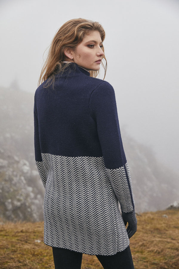 Ladies Herringbone Wool Coat | Natural Navy