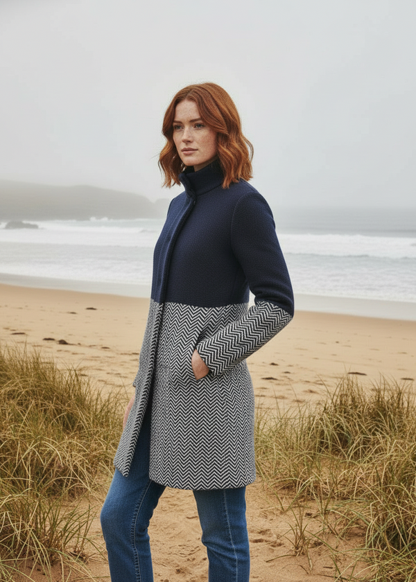 Ladies Herringbone Wool Coat | Natural Navy