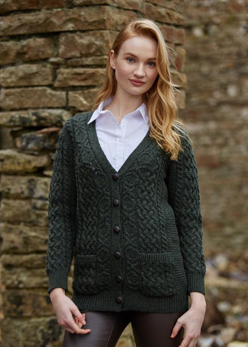 Adare Boyfriend Aran Cardigan in Army Green | 100% Merino Wool