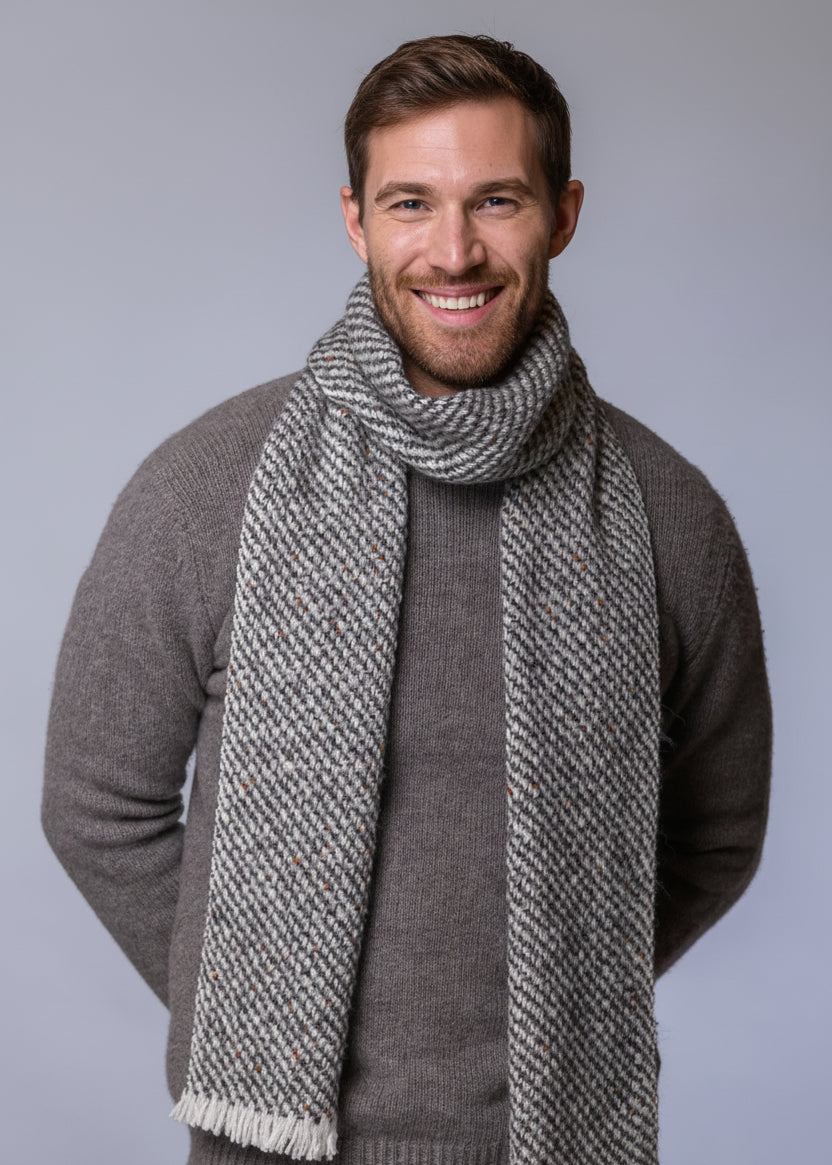 Mucros Aran Scarf | Merino Wool Alpaca Scarf | Grey Fleck