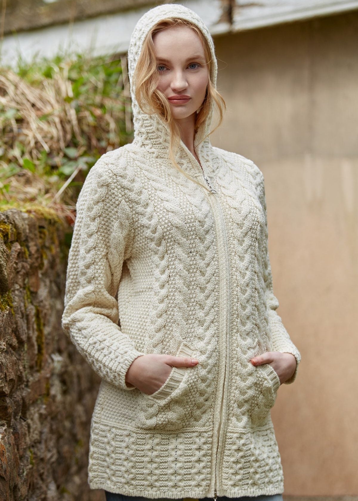Aran Hooded Cardigan with Celtic Knot Zipper | Natural