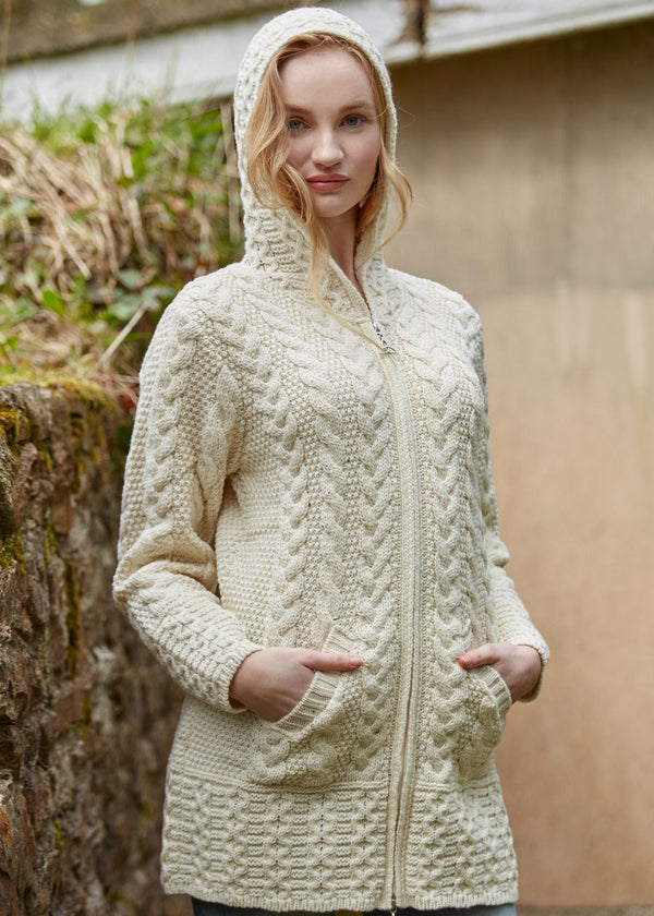 Aran Hooded Cardigan with Celtic Knot Zipper | Natural