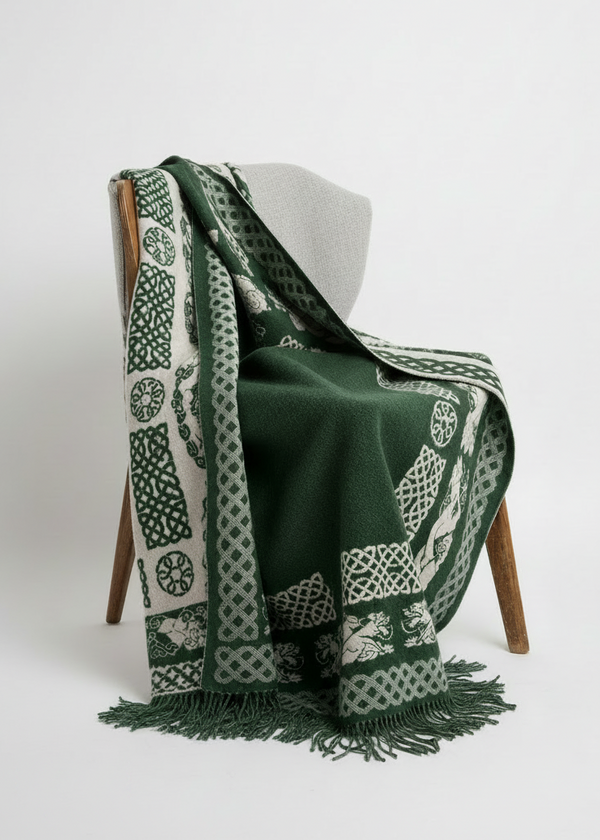 Aran 100% Wool Reversible Celtic Blanket | Green