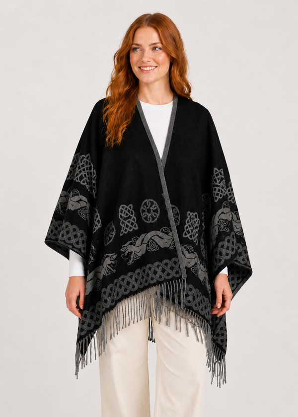 Aran 100% Wool Reversible Celtic Shawl – Black Grey