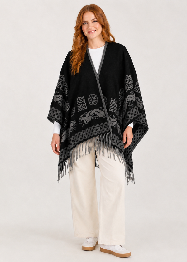 Aran 100% Wool Reversible Celtic Shawl – Black Grey