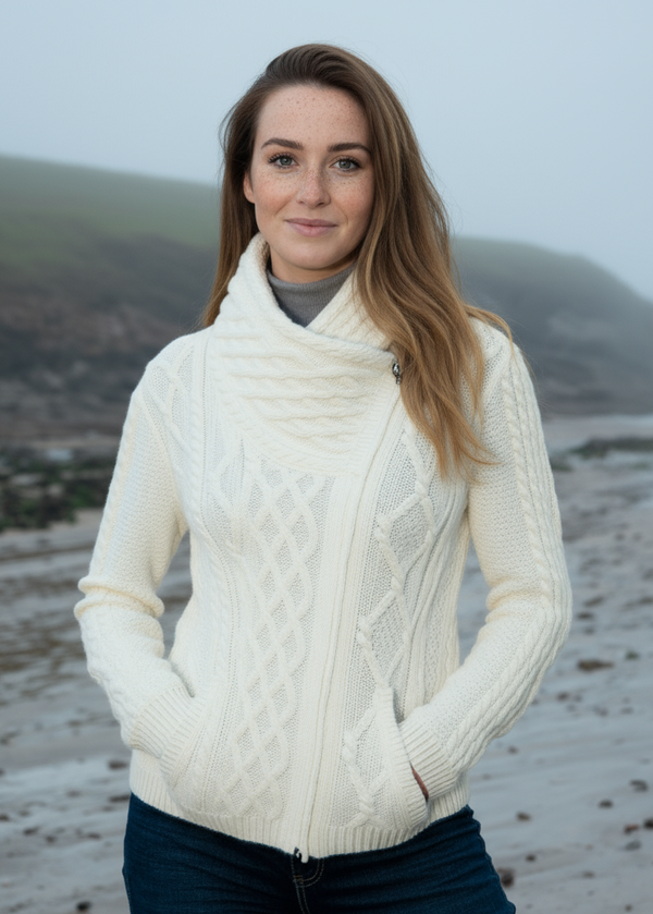 Aran Bikers Claddagh Side Zip Cardigan | Natural