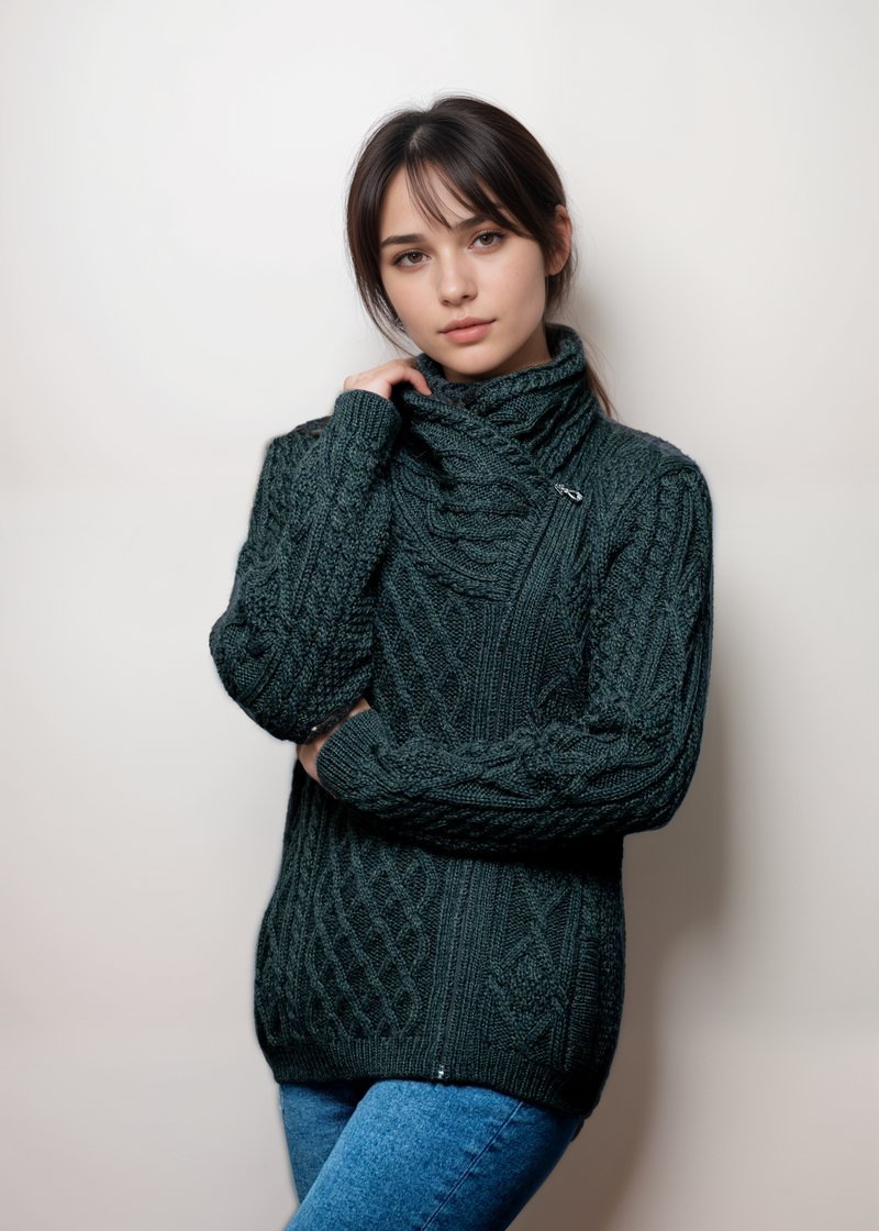 Aran Bikers Claddagh Side Zip Cardigan | Army Green