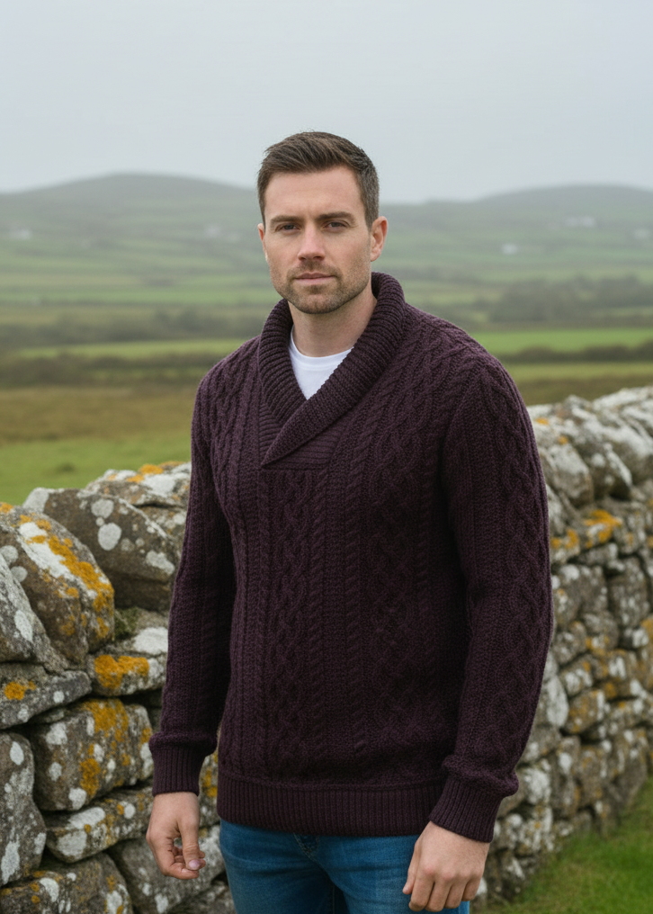 Aran Bunratty Shawl Collar Sweater | 100% Merino Wool | Damson