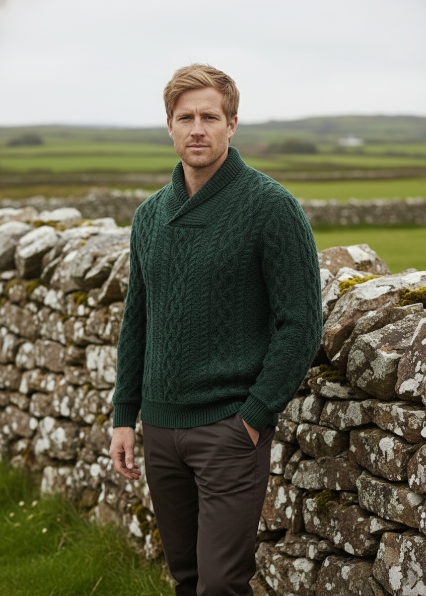 Aran Bunratty Shawl Collar Sweater | 100% Merino Wool | Green