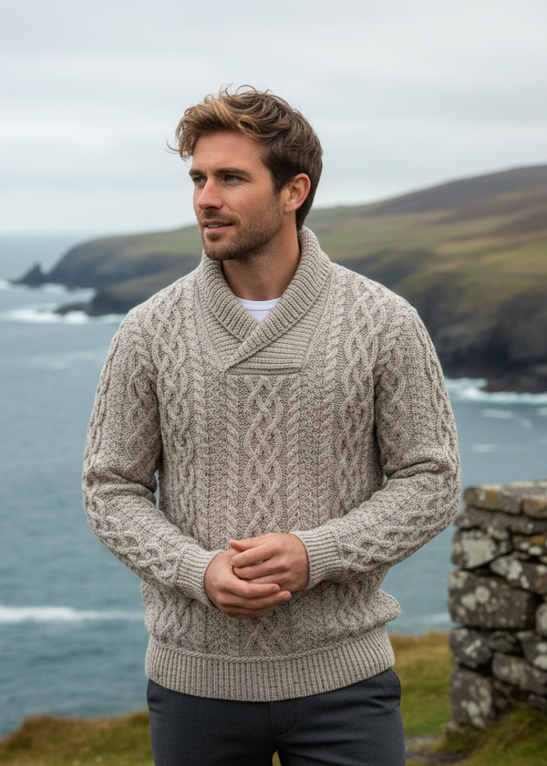 Aran Bunratty Shawl Collar Sweater | 100% Merino Wool | Oatmeal