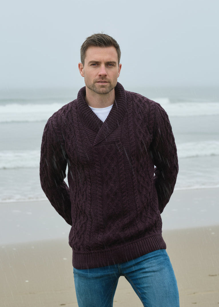 Aran Bunratty Shawl Collar Sweater | Damson