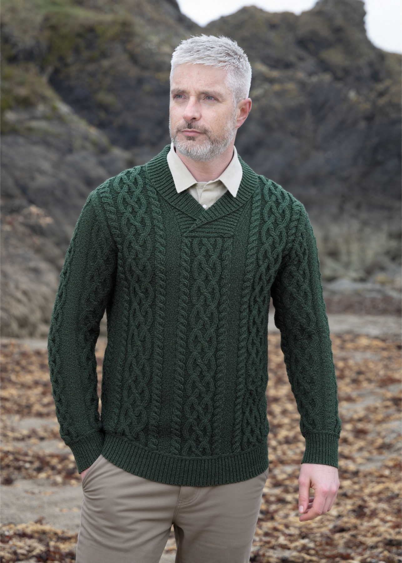 Aran Bunratty Shawl Collar Sweater | Green