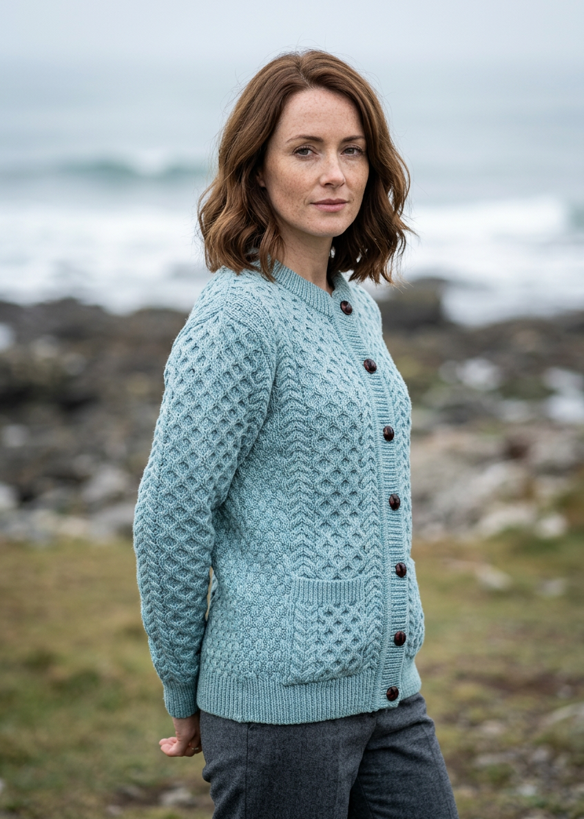 Aran Cable Knit Cardigan | 100% Wool | Aqua