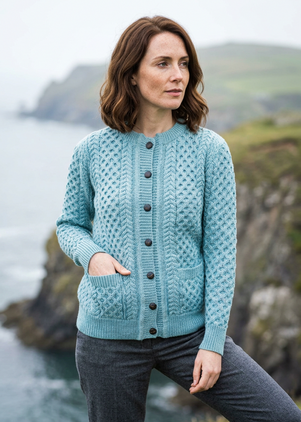 Aran Cable Knit Cardigan | 100% Wool | Aqua