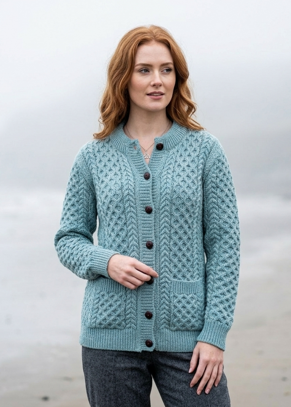 Aran Cable Knit Cardigan | 100% Wool | Aqua