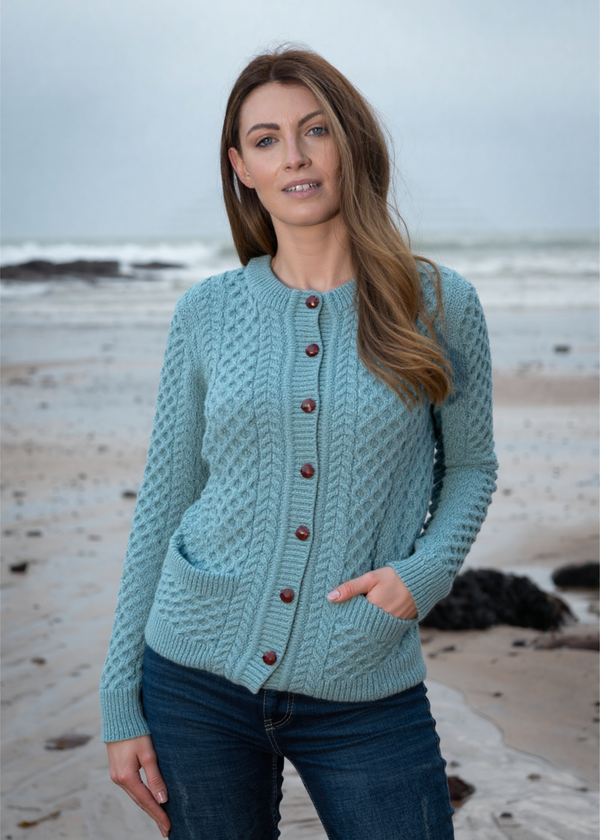 Aran Cable Knit Cardigan | Aqua