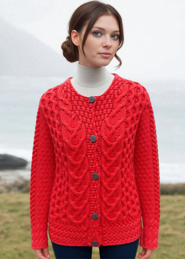 Aran Cable Knit Cardigan | Coral 