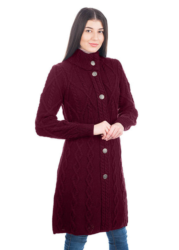 Aran Cable Knit Coat | Raspberry