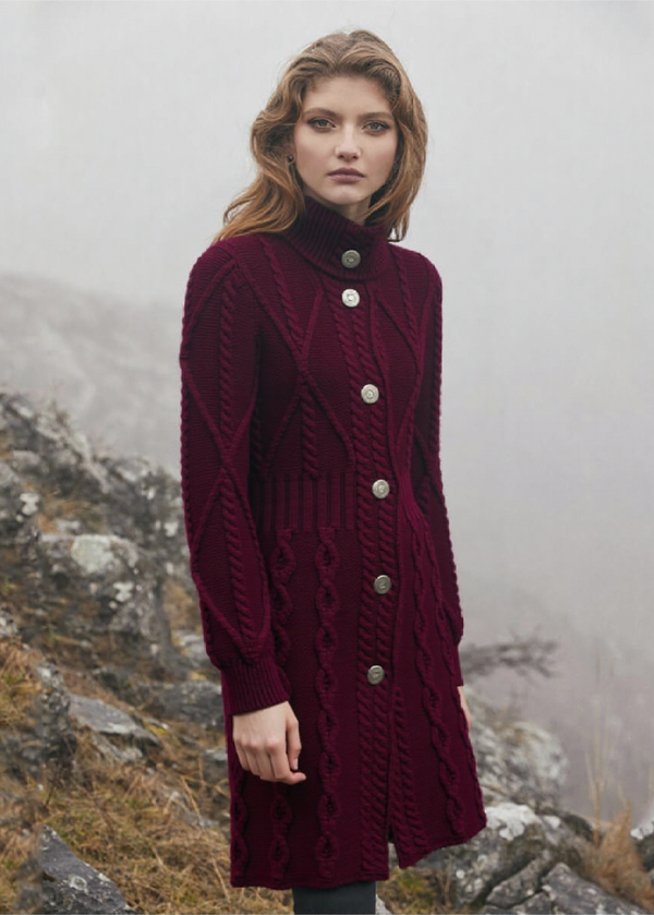 Aran Cable Knit Coat | Raspberry