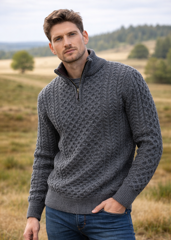 Aran Cable Knit Half Zip Sweater - 100% Merino Wool | Slate