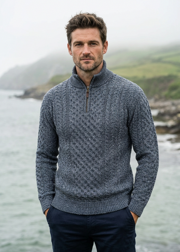 Aran Cable Knit Half Zip Sweater - 100% Merino Wool | Slate