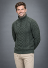 Aran Cable Knit Half Zip Sweater | 100% Merino Wool | Green
