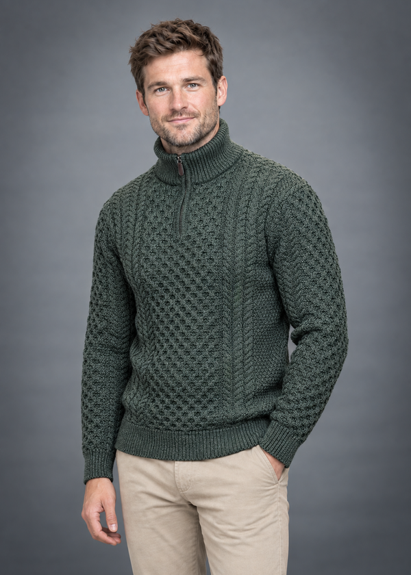Aran Cable Knit Half Zip Sweater | 100% Merino Wool | Green
