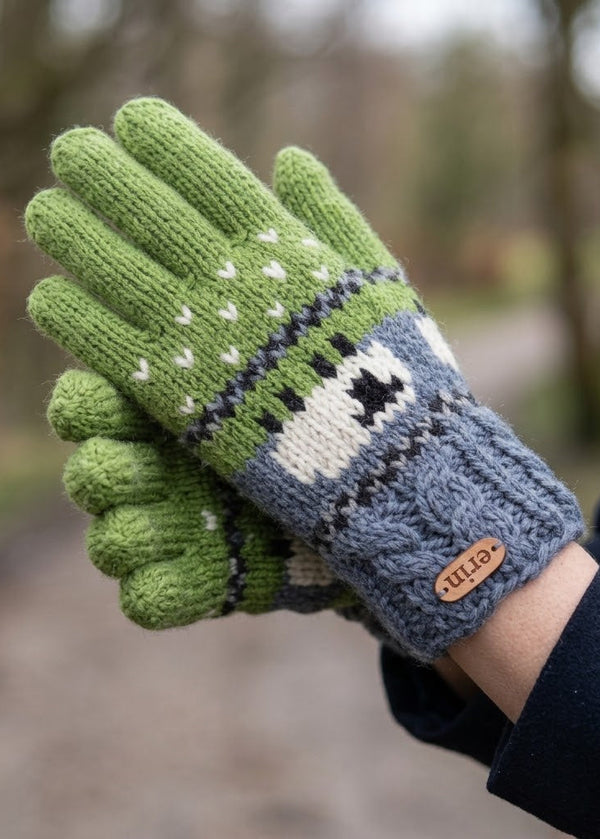 Aran Cable Sheep Finger Gloves | Blue & Green