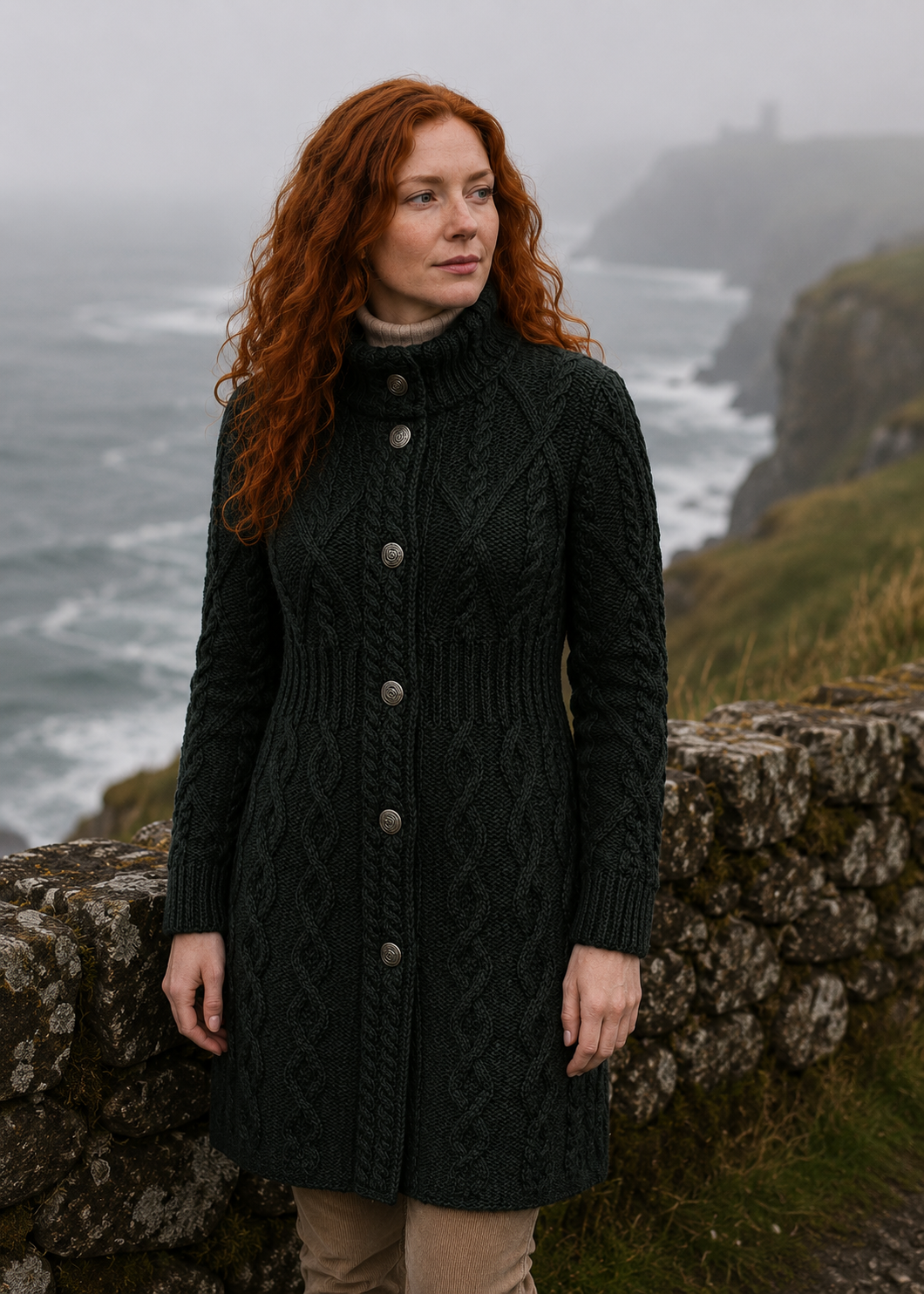 Aran Cable Signature Coat | Army Green | 100% Merino Wool | Made in Ireland