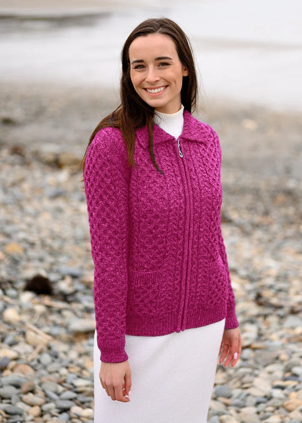Aran Full Zip Cardigan | Raspberry Marl
