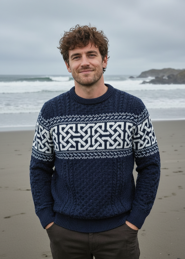 Aran Celtic Design Cable Knit Sweater | Deep Water Blue