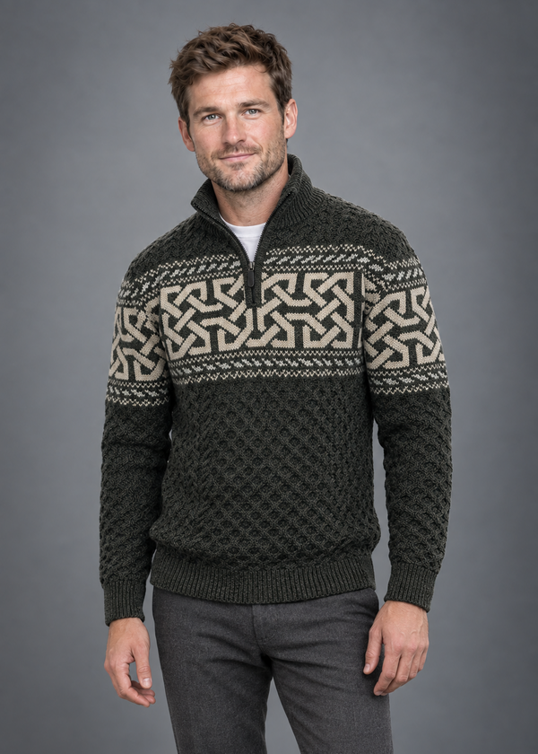 Aran Celtic Design Half Zip Sweater | 100% Merino Wool | Green