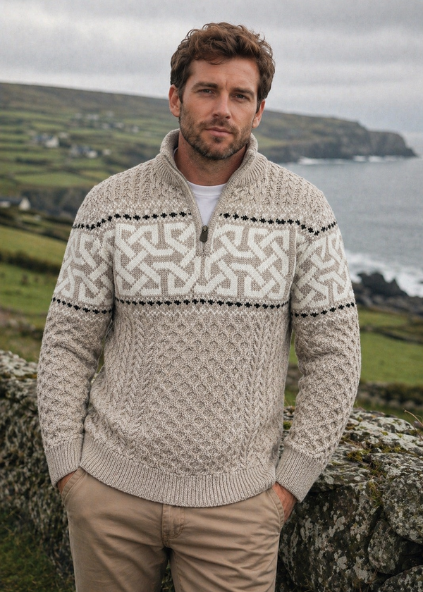 Aran Celtic Design Half Zip Sweater | 100% Merino Wool | Parsnip