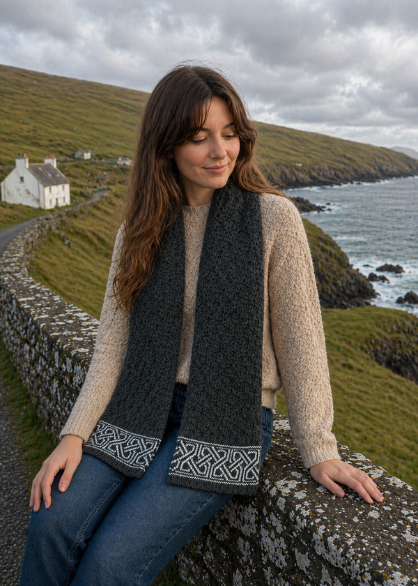 Aran Celtic Design Merino Wool Scarf | Army Green