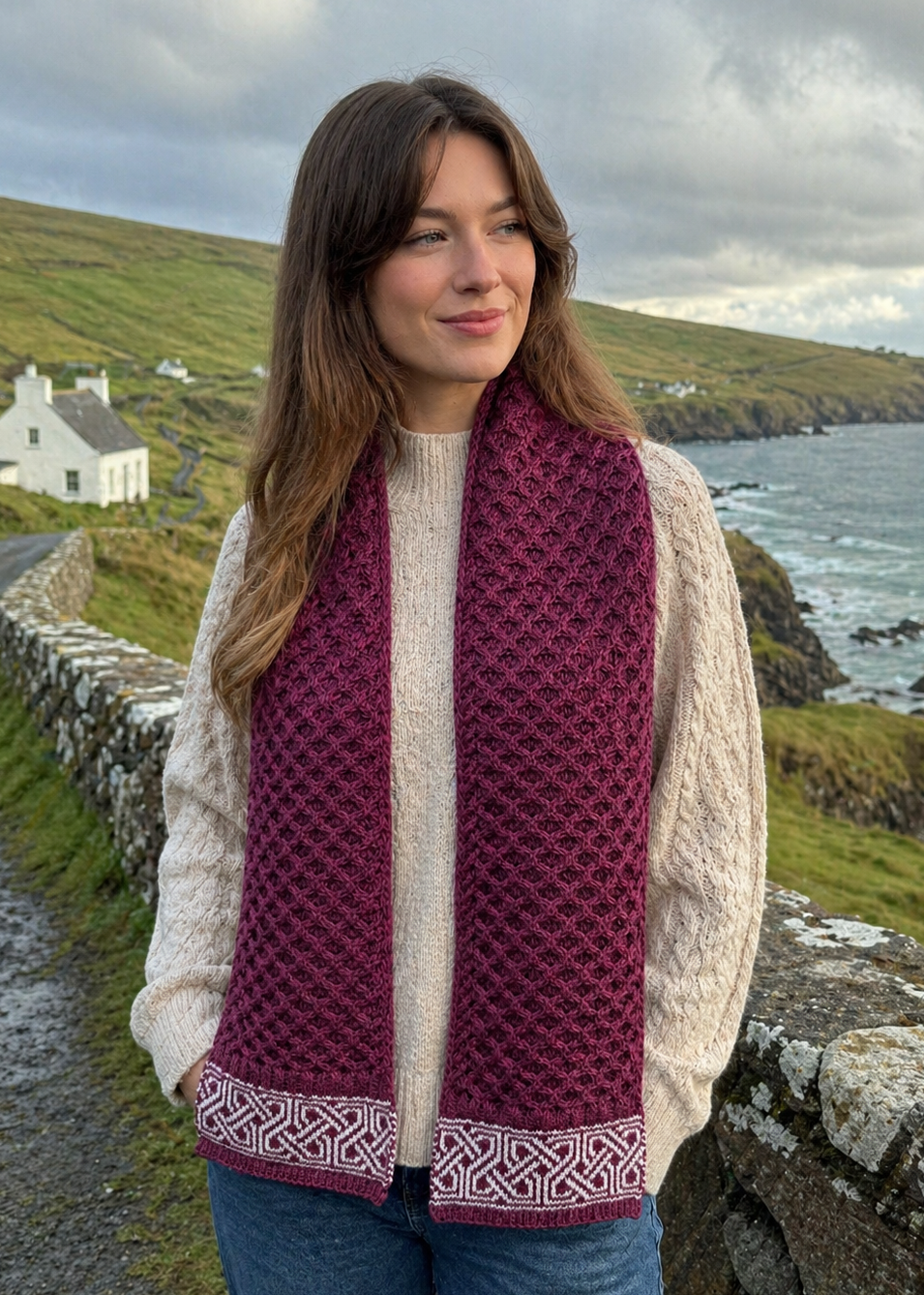 Aran Celtic Design Merino Wool Scarf | Raspberry Marl
