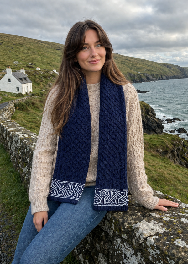 Aran Celtic Design Merino Wool Scarf | Deep Water Blue