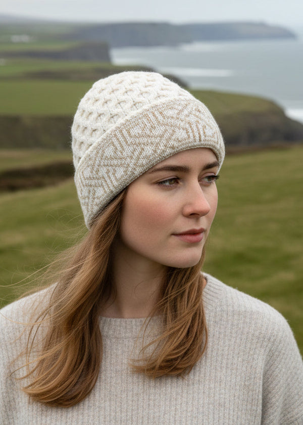 Aran Celtic Design Wool Hat - Natural