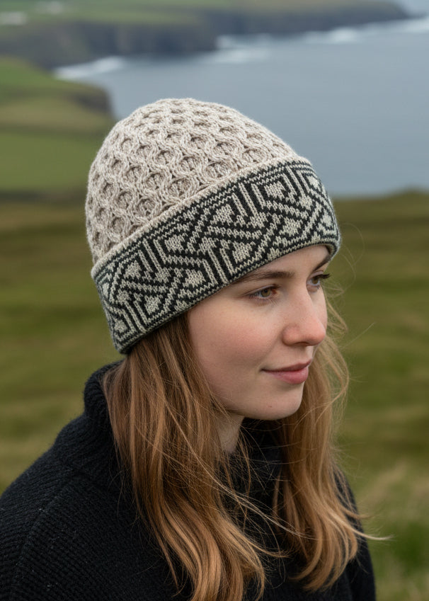 Aran Celtic Design Wool Hat - Parsnip