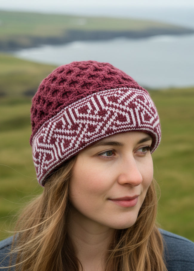 Aran Celtic Design Wool Hat - Raspberry Marl