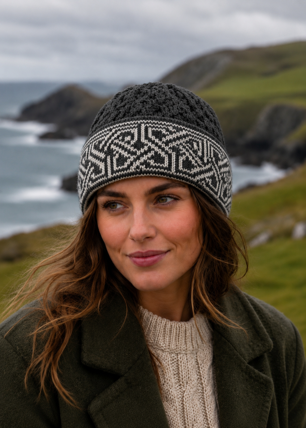 Aran Celtic Design Wool Hat | Army Green